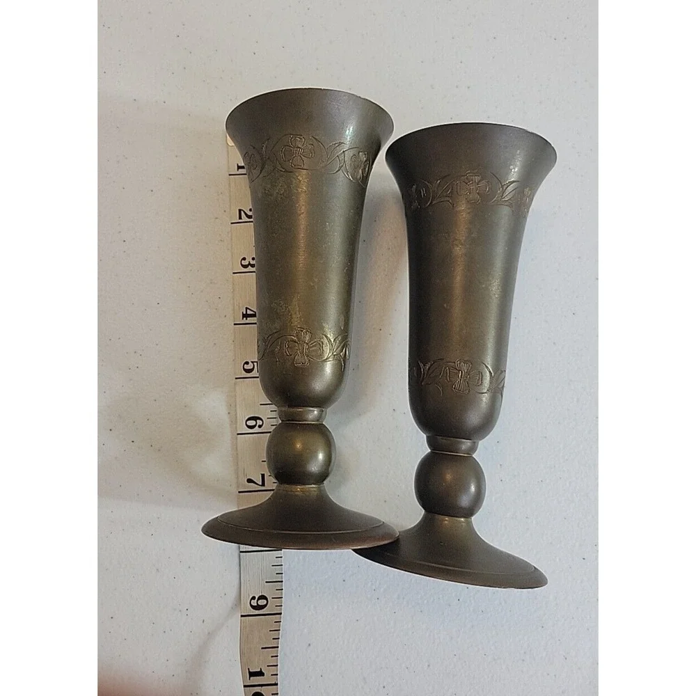 Brass Bud Vase Pair Vintage Etched Floral Farmhouse Decor Antique Gold